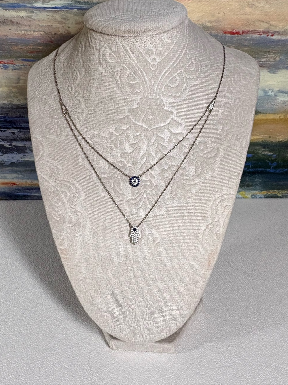 Silver Layered Hamsa and Evil Eye Necklace - Women Jewelry